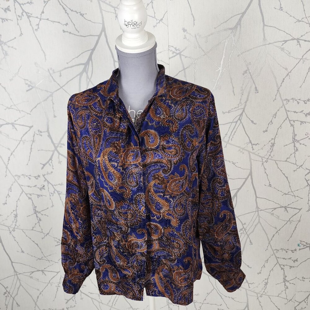 John Anthony VTG Navy Paisley Print 100% Silk Button Front Shirt